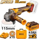 INGCO 20V Brushless Cordless Angle Grinder 100mm, 3 Speed (CAGLI2120232)