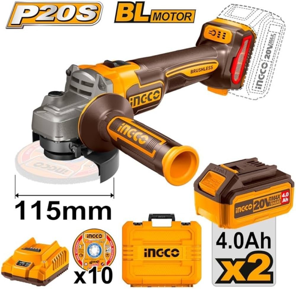 INGCO 20V Brushless Cordless Angle Grinder 100mm, 3 Speed (CAGLI2120232)