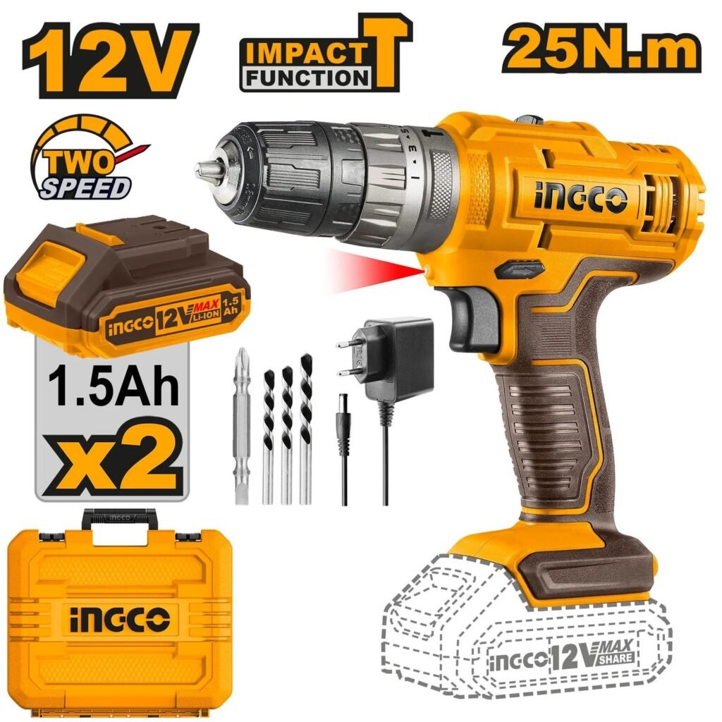 INGCO 12V 25nm Cordless Impact Drill, 10mm Keyless Chuck (CIDLI1228)