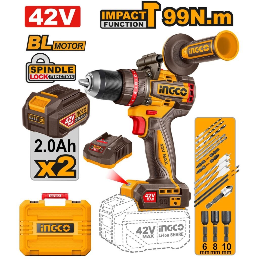 INGCO 42V 99nm Brushless Cordless Impact Drill, 13mm Metal Chuck (CIDLI429982)