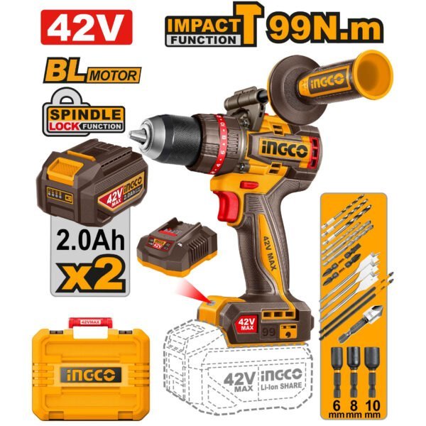 INGCO 42V 99nm Brushless Cordless Impact Drill, 13mm Metal Chuck (CIDLI429982) - Image 9