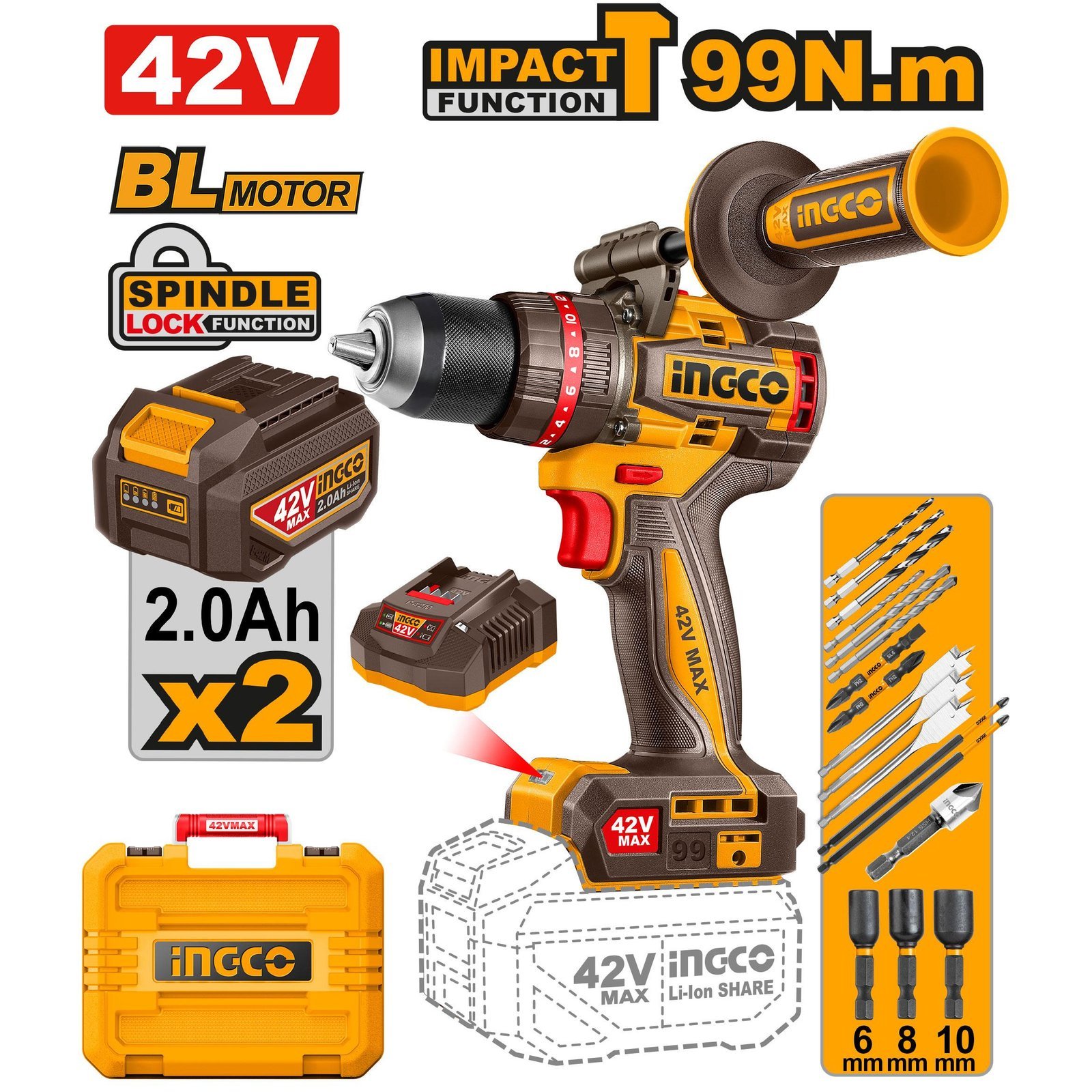 INGCO 42V 99nm Brushless Cordless Impact Drill, 13mm Metal Chuck (CIDLI429982)