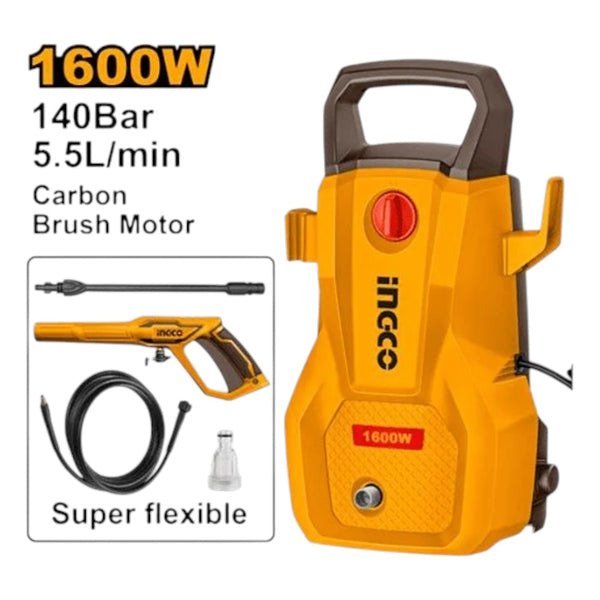 INGCO 1600W High Pressure Washer, 140 Bar Car &amp; Home Cleaning Machine (HPWR16008)