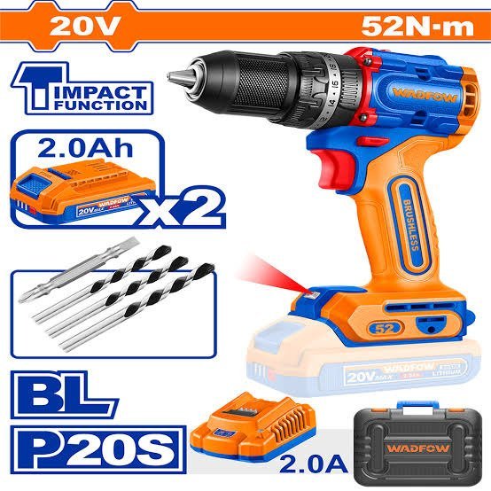WADFOW 20V,52Nm Brushless Cordless Impact Drill, 13mm Keyless Chuck (WCDP5281)